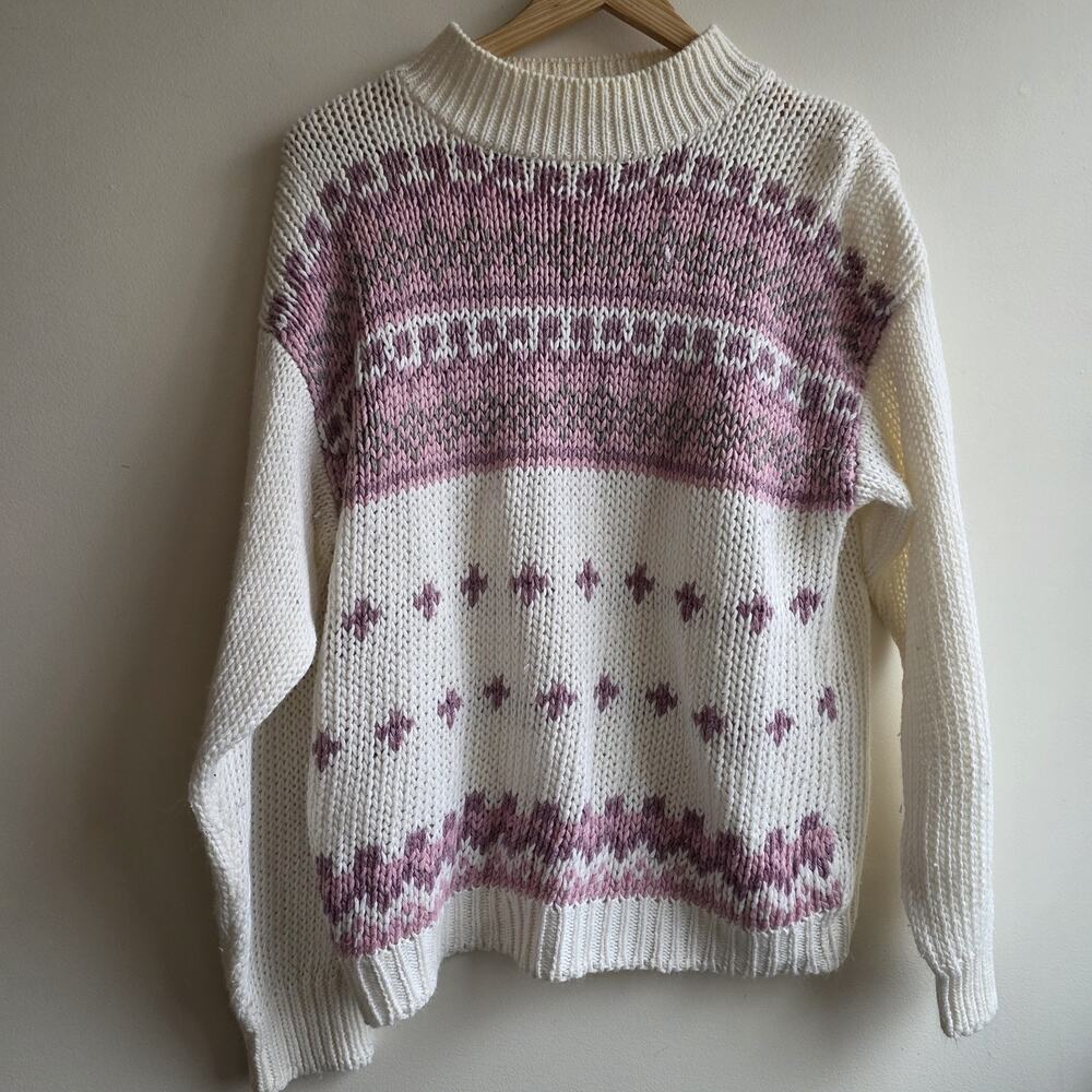 VTG JJ Fargo Hand-Knit Chunky‎ Sweater Cream Cottage Large Granola Grannycore